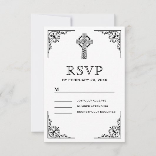 Zwart-wit Keltisch kruis bruiloft RSVP Kaartje (Voorkant)
