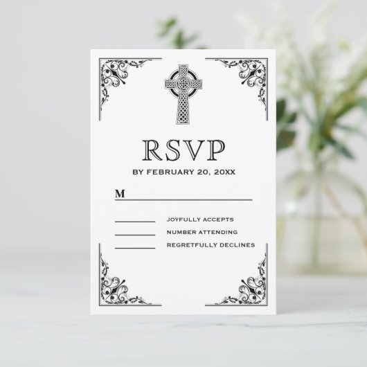 Zwart-wit Keltisch kruis bruiloft RSVP Kaartje (Staand voorkant)