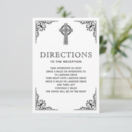 Zwart-wit Keltisch Kruis Bruiloftsroutebeschrijvin Informatiekaartje (Staand voorkant)