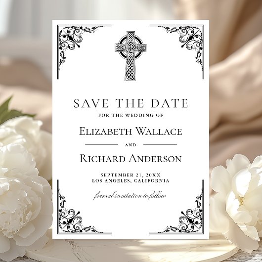 Zwart-Wit Keltisch Kruis Trouwen Save The Date