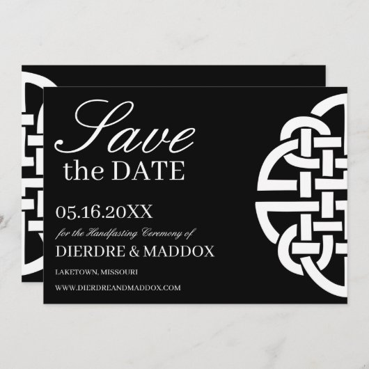 Zwart & Wit Keltische Knoop Eenvoudig Handvasten Save The Date (Voorkant / Achterkant)
