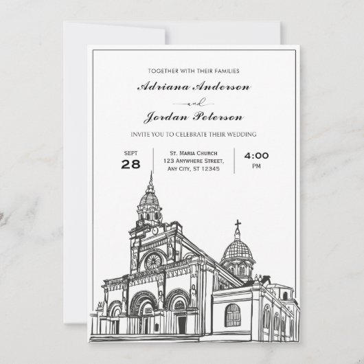 Zwart-wit Kerk Bruiloft Kaart (Voorkant)
