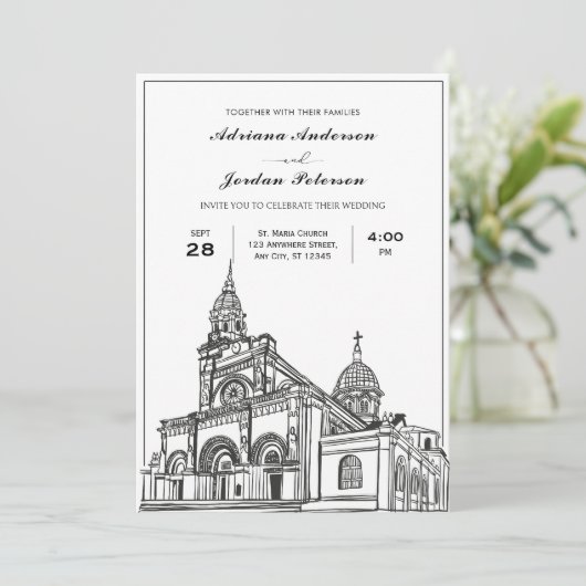 Zwart-wit Kerk Bruiloft Kaart (Staand voorkant)