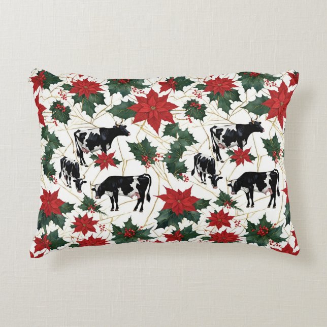 Zwart & Wit Kerst Holstein Dairy Koeien Bloemen Accent Kussen (Voorkant)