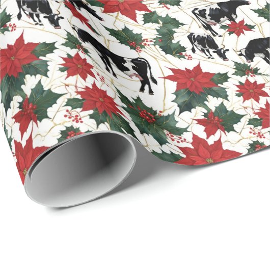 Zwart & Wit Kerst Holstein Dairy Koeien Bloemen Cadeaupapier (Rol Hoek)