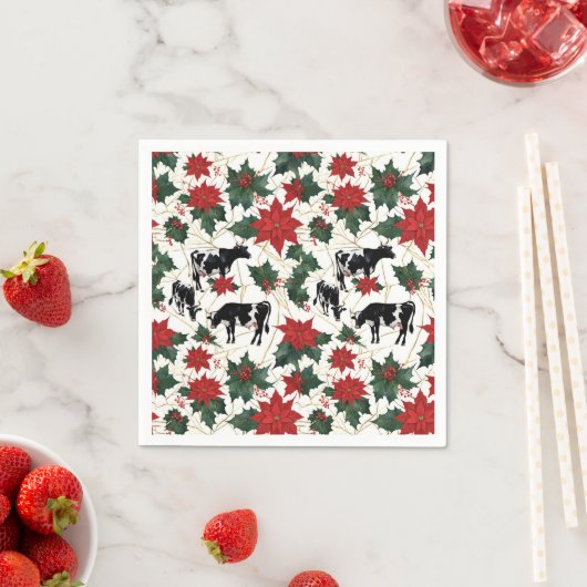 Zwart & Wit Kerst Holstein Dairy Koeien Bloemen Servet (Insitu)