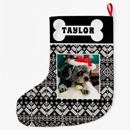 Zwart-wit kerstbeurs Isle Dog Bone Grote Kerstsok (Achterkant)