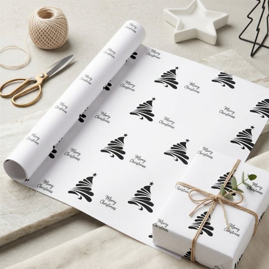 Zwart Wit Kerstboom Cadeaupapier