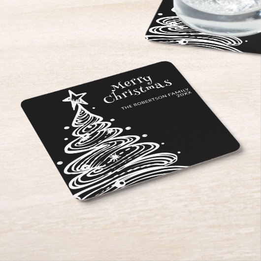 Zwart-wit kerstboom feest kartonnen onderzetters (Schuin)