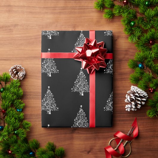 zwart wit kerstboom patroon stijlvol cadeaupapier (Feestdagen Geschenken)