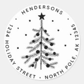 Zwart & Wit Kerstboom retouradres Ronde Sticker (Voorkant)