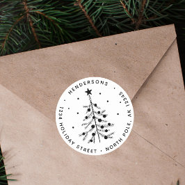 Zwart & Wit Kerstboom retouradres Ronde Sticker