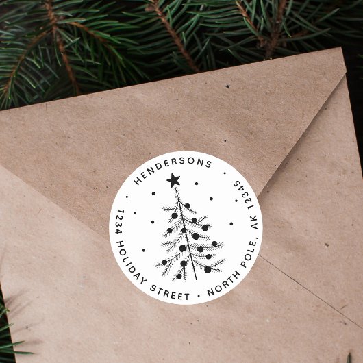 Zwart & Wit Kerstboom retouradres Ronde Sticker