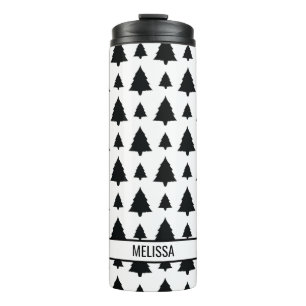 Zwart-wit kerstboompatroon en naam thermosbeker