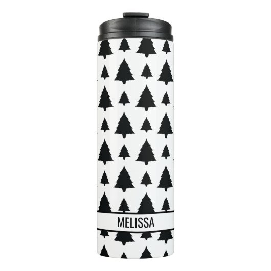 Zwart-wit kerstboompatroon en naam thermosbeker (Voorkant)
