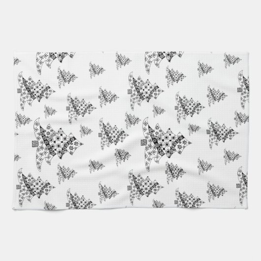 Zwart-wit kerstboompatroon theedoek (Horizontaal)