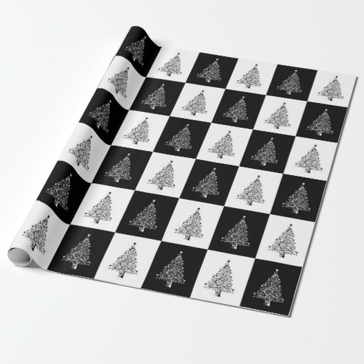 Zwart wit kerstboompatroonpatroonant cadeaupapier (Uitgerold)