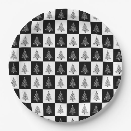 Zwart wit kerstboompatroonpatroonant papieren bordje (Voorkant)