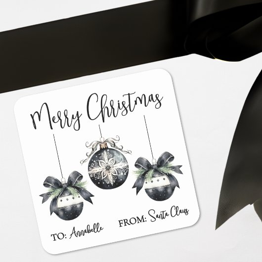 Zwart Wit Kerstcadeau-etiketsticker Vierkante Sticker
