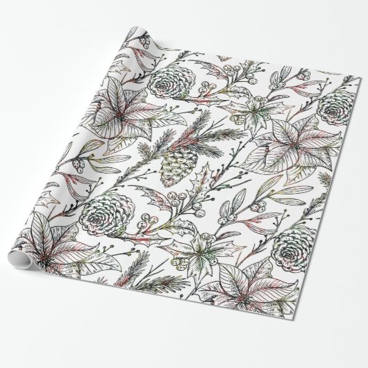 Zwart-wit kerstHolly-patroon Cadeaupapier (Uitgerold)