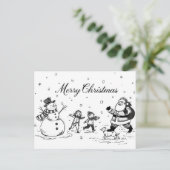 Zwart-wit kerstkaart - Sneeuwman, Kerstman  Feestdagenkaart (Staand voorkant)