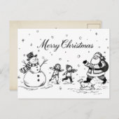 Zwart-wit kerstkaart - Sneeuwman, Kerstman  Feestdagenkaart (Voorkant / Achterkant)