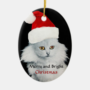 ZWART WIT KERSTKATTEN MET SANTA CLAUS HOED KERAMISCH ORNAMENT