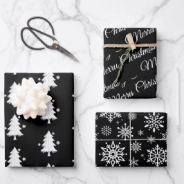 Zwart, wit Kerstmis, Bomen, Sneeuwvlokken vakantie Inpakpapier Vel