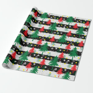 Zwart Wit Kerstmis Sneeuw Strepen Rood Groen Bomen Cadeaupapier