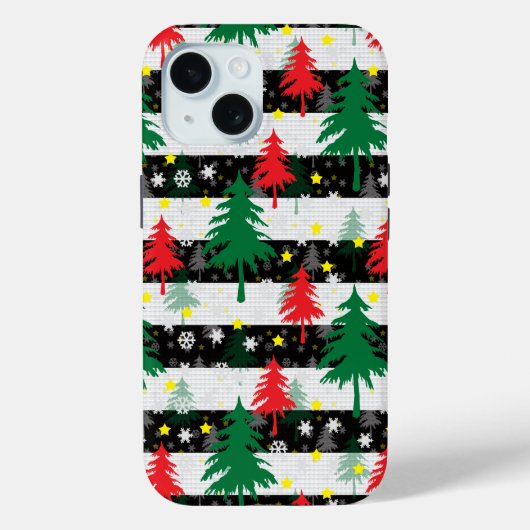Zwart Wit Kerstmis Sneeuw Strepen Rood Groen Bomen Case-Mate iPhone Case (Achterkant)