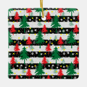 Zwart Wit Kerstmis Sneeuw Strepen Rood Groen Bomen Keramisch Ornament