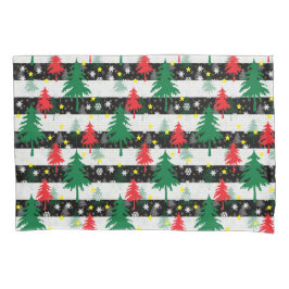 Zwart Wit Kerstmis Sneeuw Strepen Rood Groen Bomen Kussensloop