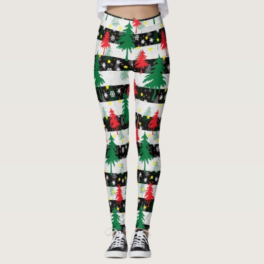 Zwart Wit Kerstmis Sneeuw Strepen Rood Groen Bomen Leggings (Voorkant)