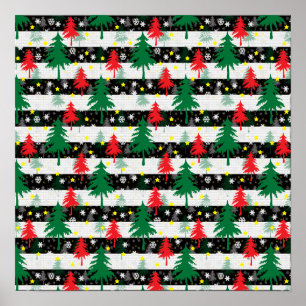 Zwart Wit Kerstmis Sneeuw Strepen Rood Groen Bomen Poster