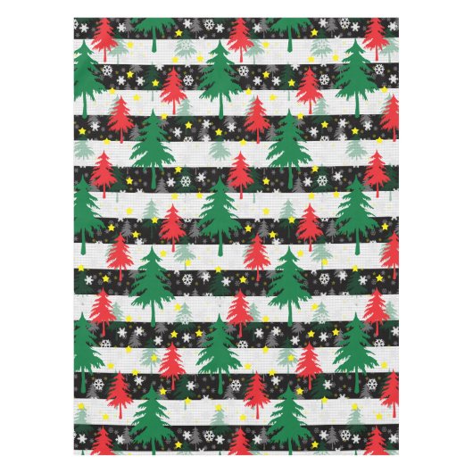 Zwart Wit Kerstmis Sneeuw Strepen Rood Groen Bomen Tafelkleed (Voorkant)