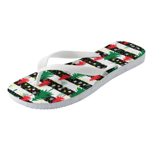 Zwart Wit Kerstmis Sneeuw Strepen Rood Groen Bomen Teenslippers (Schuin)