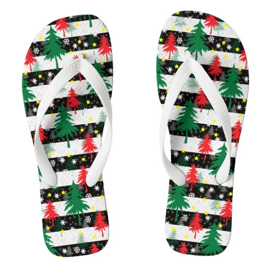 Zwart Wit Kerstmis Sneeuw Strepen Rood Groen Bomen Teenslippers (Voetbed)