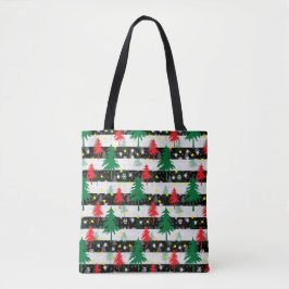 Zwart Wit Kerstmis Sneeuw Strepen Rood Groen Bomen Tote Bag