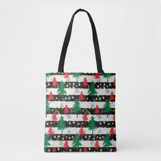 Zwart Wit Kerstmis Sneeuw Strepen Rood Groen Bomen Tote Bag (Voorkant)