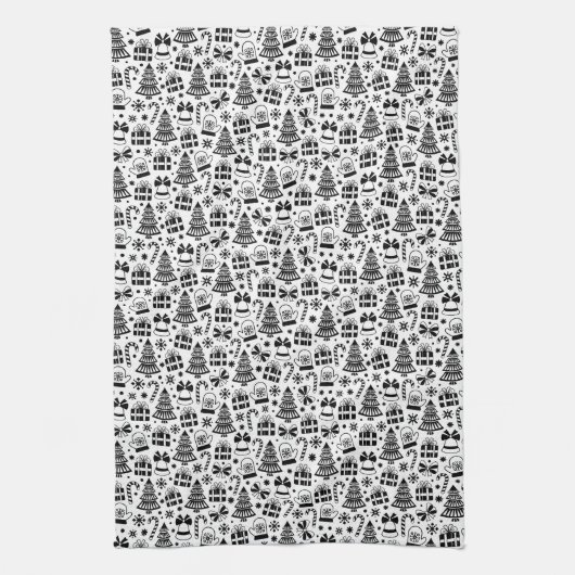 Zwart-wit kerstontwerp theedoek (Verticaal)
