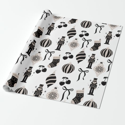 Zwart-wit Kerstpatroon Cadeaupapier (Uitgerold)