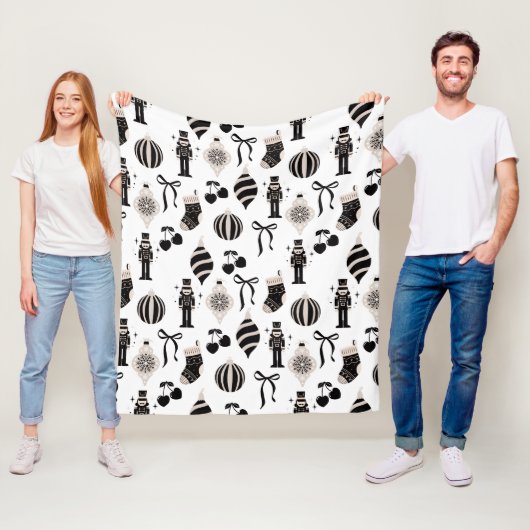 Zwart-wit Kerstpatroon Fleece Deken (In situ)