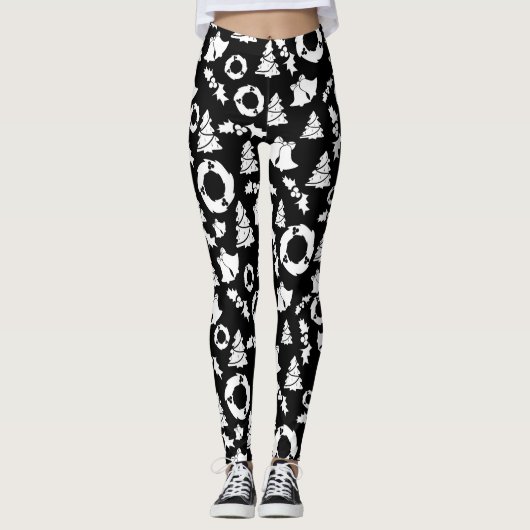 Zwart-wit kerstpatroon leggings (Voorkant)