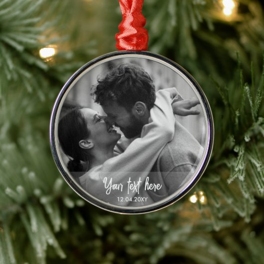 Zwart-wit Kersttekst Sjabloon Foto Metalen Ornament (Boom)