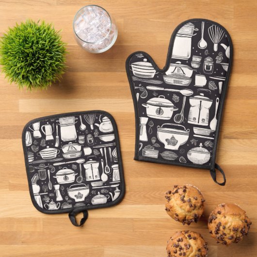 Zwart-wit keukengerei en Accessoires Ovenwant & Pannenlap Set (Top down)