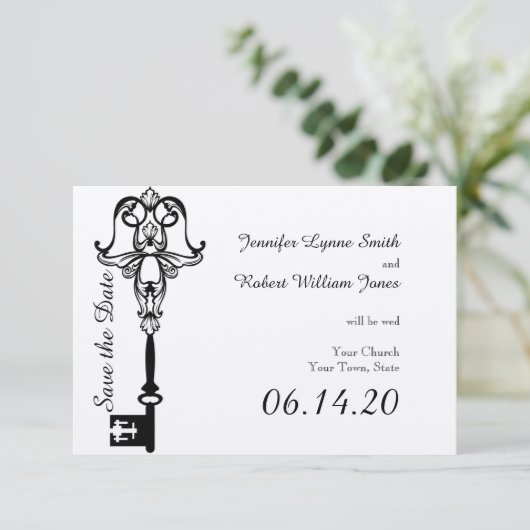 Zwart-wit Key Bruiloft Save the Date (Staand voorkant)