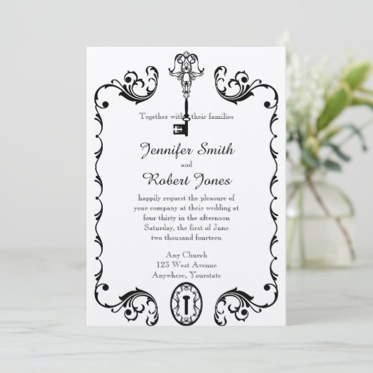 Zwart-wit Key bruiloft uitnodiging (Staand voorkant)