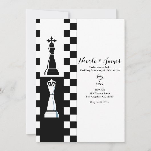Zwart-wit King Queen schaakbruiloft Kaart (Voorkant)