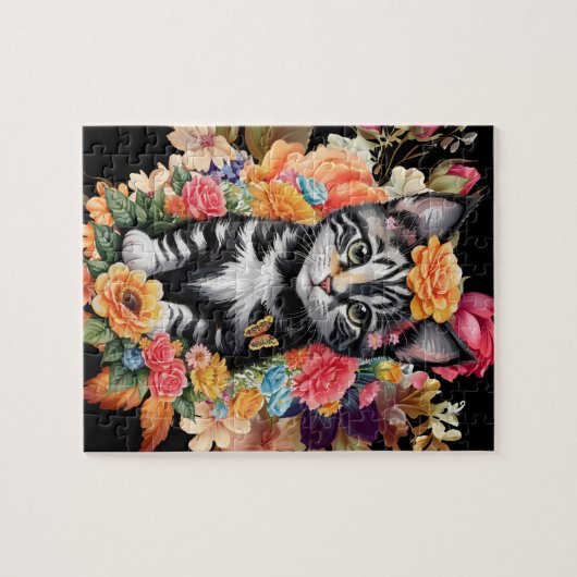 Zwart & Wit Kitten Bloemen puzzel Legpuzzel (Horizontaal)