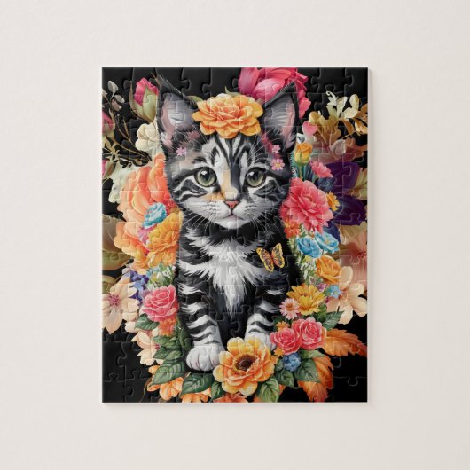Zwart & Wit Kitten Bloemen puzzel Legpuzzel (Verticaal)